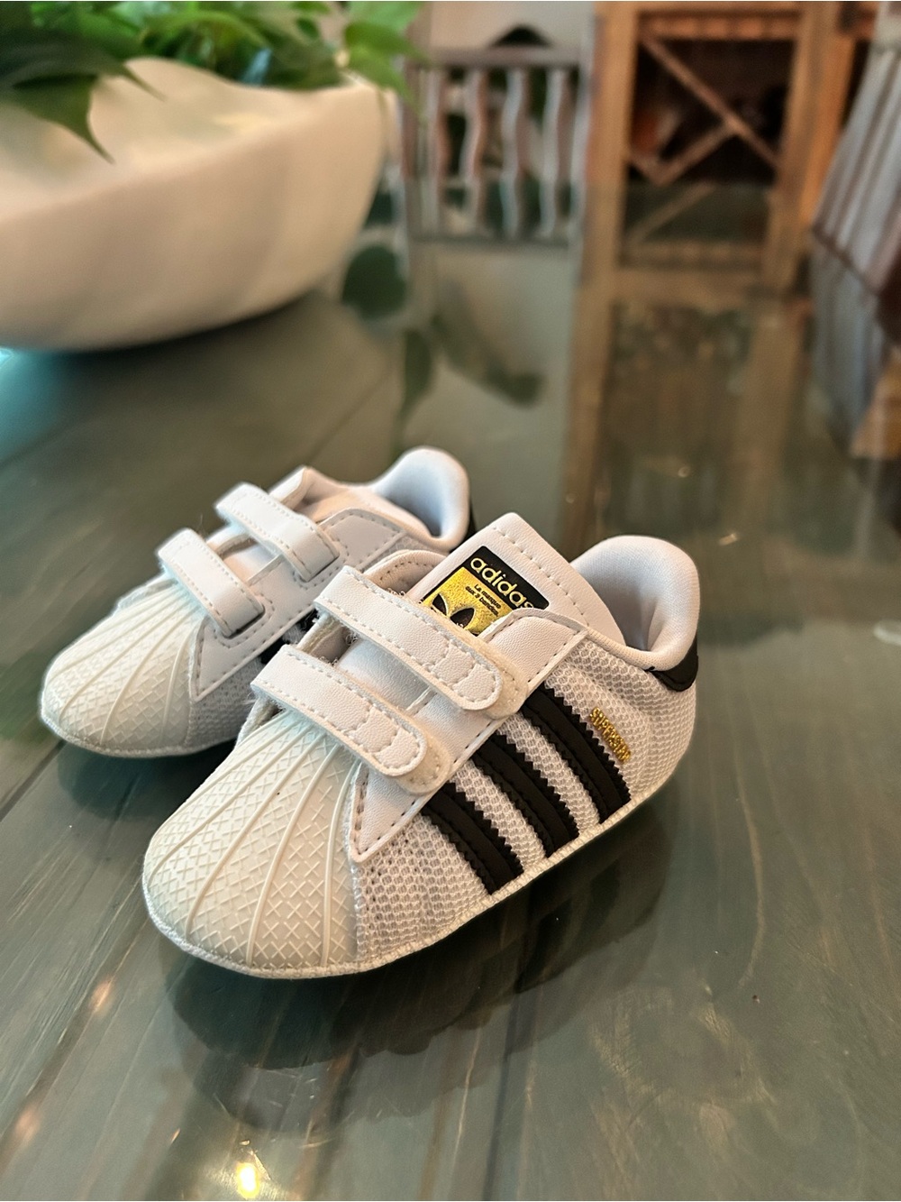 adidas Toddler Baby White and Black Shell-Toe Velcro Sneakers